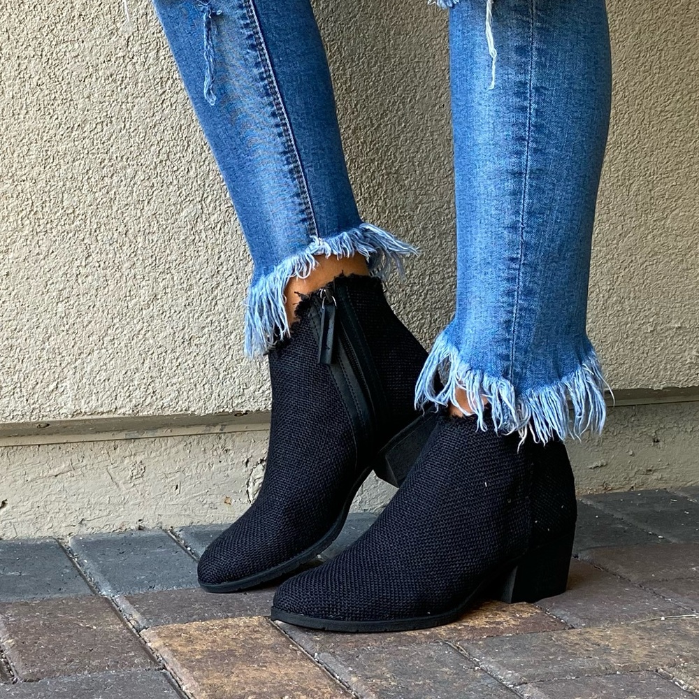 Black Frayed Fabric Ankle Western Heel Booties - Picture 10 of 14
